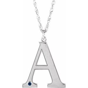 10K White Engravable Imitation Blue Sapphire Initial A 18" Necklace