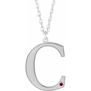 14K White Engravable Imitation Mozambique Garnet Initial C 18" Necklace