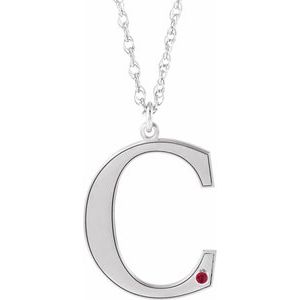 14K White Engravable Imitation Ruby Initial C 18" Necklace