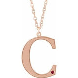 14K Rose Engravable Imitation Ruby Initial C 18" Necklace