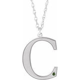 14K White Engravable Imitation Peridot Initial C 18" Necklace
