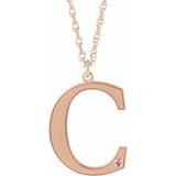 14K Rose Engravable Imitation Pink Tourmaline Initial C 18" Necklace