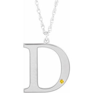 14K White Engravable Imitation Citrine Initial D 18" Necklace