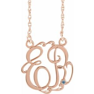 14K Rose 20 mm 2-Initials Imitation Aquamarine Script Monogram 18" Necklace