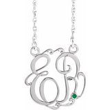 Rhodium-Plated Sterling Silver 20 mm 2-Initials Imitation Emerald Script Monogram 18" Necklace