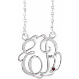 Rhodium-Plated Sterling Silver 20 mm 2-Initials Imitation Mozambique Garnet Script Monogram 18" Necklace