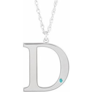 10K White Engravable Imitation Blue Zircon Initial D 18" Necklace