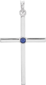 14K White Gold Natural Blue Sapphire Cross Pendant