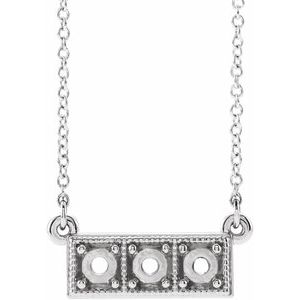 14K White 3 mm Round Three-Stone Granulated Bar Necklace Mounting