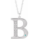 Rhodium-Plated Sterling Silver Engravable Imitation Blue Zircon Initial B 18" Necklace