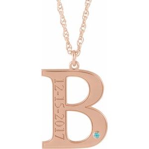14K Rose Engravable Imitation Blue Zircon Initial B 18" Necklace