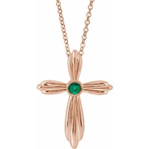14K Rose Lab-Grown Emerald Cross 16-18" Necklace