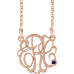 14K Rose Gold-Plated Sterling Silver 20 mm 3-Initials Imitation Blue Sapphire Script Monogram 18" Necklace