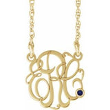 14K Yellow 30 mm 3-Initials Imitation Blue Sapphire Script Monogram 18" Necklace