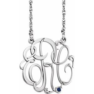 14K White 20 mm 3-Initials Imitation Blue Sapphire Script Monogram 18" Necklace