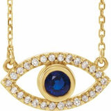 14K Yellow Natural Blue Sapphire & Natural White Sapphire Evil Eye 18" Necklace