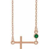 14K Rose Natural Emerald Sideways Cross 16-18" Necklace