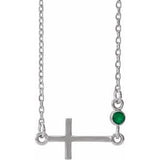 14K White Natural Emerald Sideways Cross 16-18" Necklace