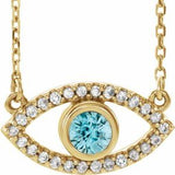14K Yellow Natural Zircon & Natural White Sapphire Evil Eye 16" Necklace