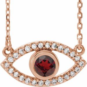 14K Rose Natural Mozambique Garnet & Natural White Sapphire Evil Eye 16" Necklace