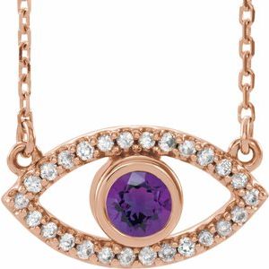 14K Rose Natural Amethyst & Natural White Sapphire Evil Eye 16" Necklace