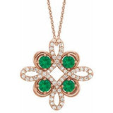 14K Rose Natural Emerald & 1/6 CTW Natural Diamond Clover 18" Necklace