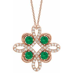 14K Rose Natural Emerald & 1/6 CTW Natural Diamond Clover 18" Necklace