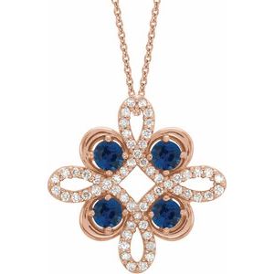 14K Rose Natural Blue Sapphire & 1/6 CTW Natural Diamond Clover 18" Necklace
