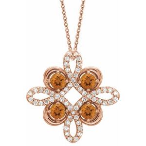 14K Rose Natural Citrine & 1/8 CTW Natural Diamond Clover 18" Necklace