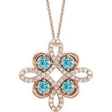 14K Rose Natural Blue Zircon & 1/8 CTW Natural Diamond Clover 18" Necklace