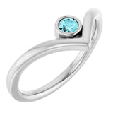 Platinum Natural Blue Zircon Bezel-Set V Ring