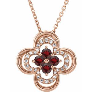14K Rose Natural Mozambique Garnet & .08 CTW Natural Diamond Clover 18" Necklace
