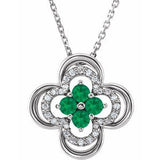 14K White Natural Emerald & 1/10 CTW Natural Diamond Clover 18" Necklace