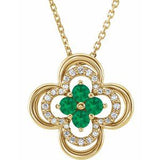 14K Yellow Lab-Grown Emerald & .08 CTW Natural Diamond Clover 18" Necklace