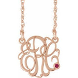 14K Rose Gold-Plated Sterling Silver 20 mm 3-Initials Imitation Ruby Script Monogram 18" Necklace