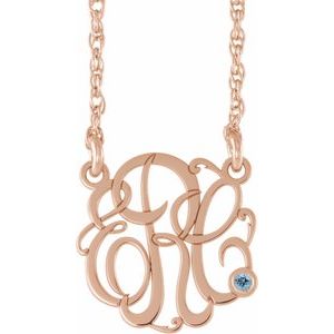 14K Rose 20 mm 3-Initials Imitation Aquamarine Script Monogram 18" Necklace
