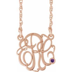 14K Rose 30 mm 3-Initials Imitation Amethyst Script Monogram 18" Necklace