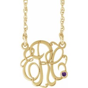 10K Yellow 20 mm 3-Initials Imitation Amethyst Script Monogram 18" Necklace