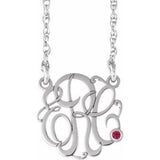 10K White 20 mm 3-Initials Imitation Ruby Script Monogram 18" Necklace