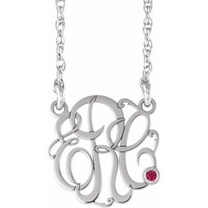 14K White 20 mm 3-Initials Imitation Ruby Script Monogram 18" Necklace