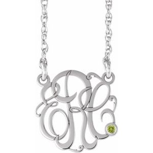 10K White 30 mm 3-Initials Imitation Peridot Script Monogram 18" Necklace