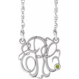 14K White 20 mm 3-Initials Imitation Peridot Script Monogram 18" Necklace