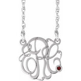 Rhodium-Plated Sterling Silver 30 mm 3-Initials Imitation Mozambique Garnet Script Monogram 18" Necklace