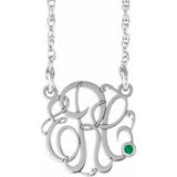 Rhodium-Plated Sterling Silver 20 mm 3-Initials Imitation Emerald Script Monogram 18" Necklace
