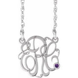 10K White 20 mm 3-Initials Imitation Amethyst Script Monogram 18" Necklace