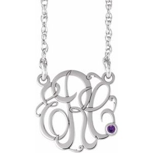 10K White 20 mm 3-Initials Imitation Amethyst Script Monogram 18" Necklace