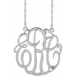 10K White 20 mm 3-Initials Imitation Blue Zircon Script Monogram 18" Necklace