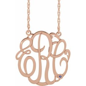 14K Rose 30 mm 3-Initials Imitation Blue Zircon Script Monogram 18" Necklace